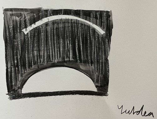 A sketch of Elizabeth Gadsby's set design - a black rectangle with vertical lines drawn inside. A blank semicircle is on the bottom of the rectangle and an arched white boomerang hangs at the top.