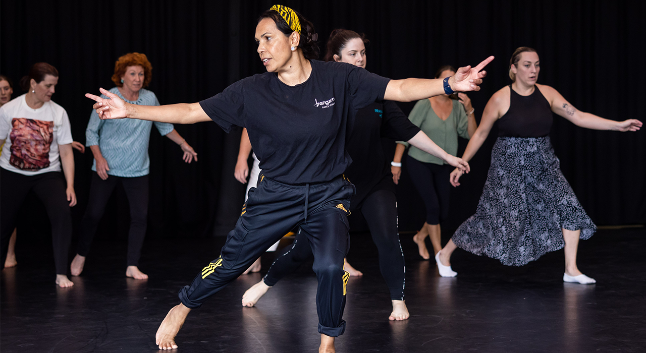 Associate Artistic Director Frances Rings leads our professional development workshop for educators, Winhanga-rra, in our Bangarra studios in Sydney, 2022. Photo by Daniel Boud.
