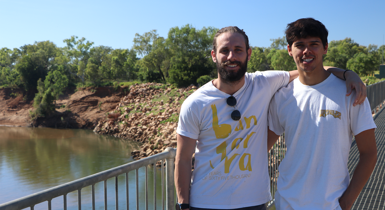 Bangarra dancers Rikki Mason and Ryan Pearson on Country in Fitzroy Crossing, WA in 2021. Photo by Rika Hamaguchi.